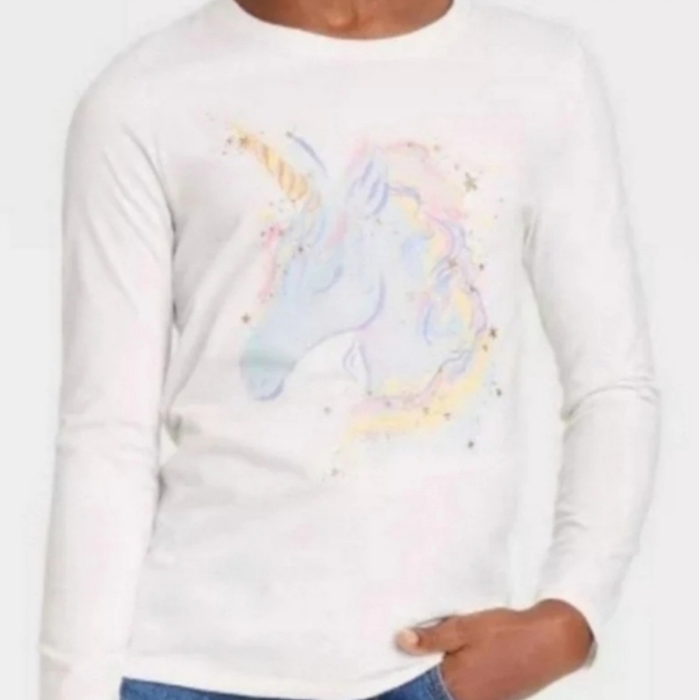 Cat & Jack Girls unicorn Graphic tee  Long Sleeve‎  Size S 6-6X